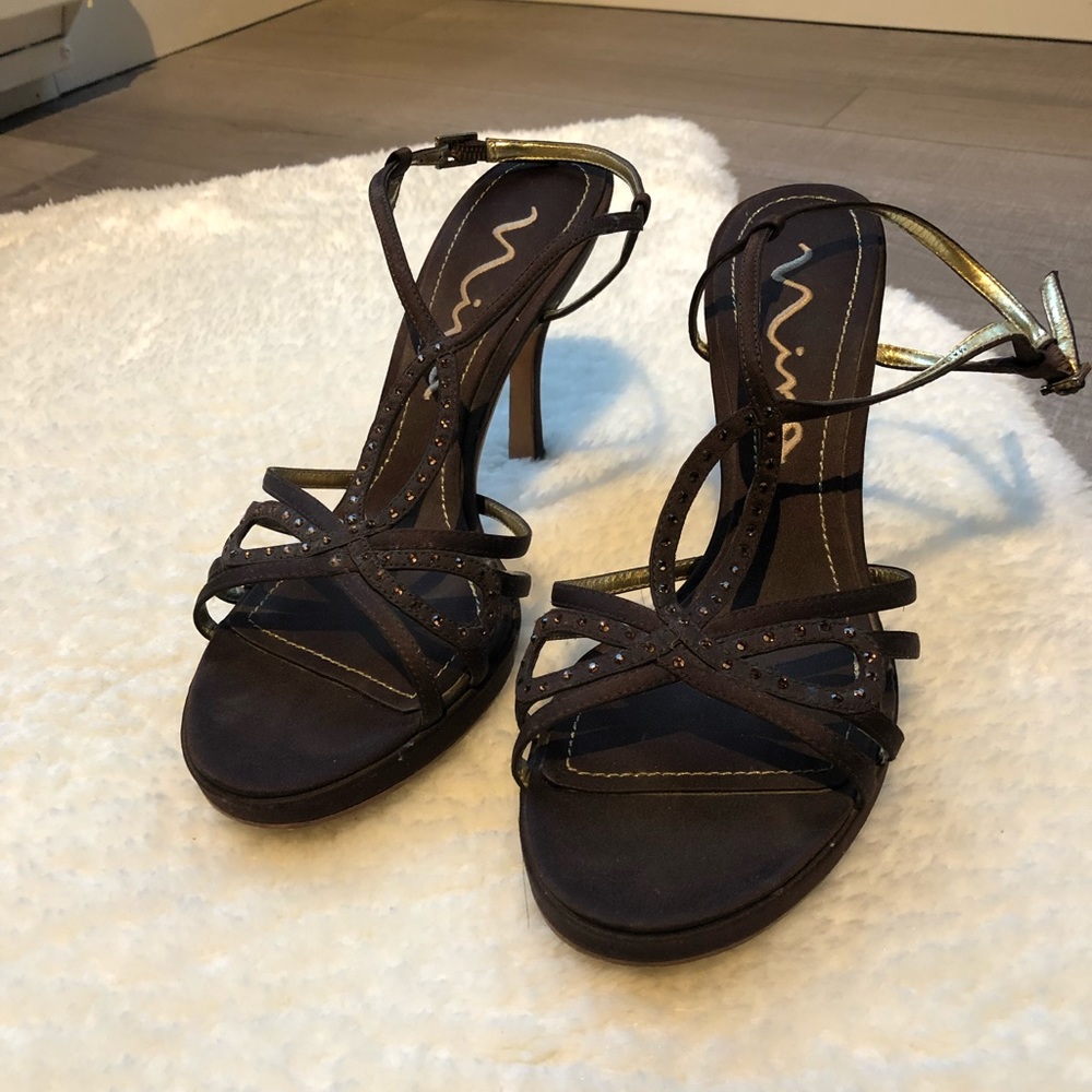 Chocolate Brown Nina Heels Rhinestone Size 8.5